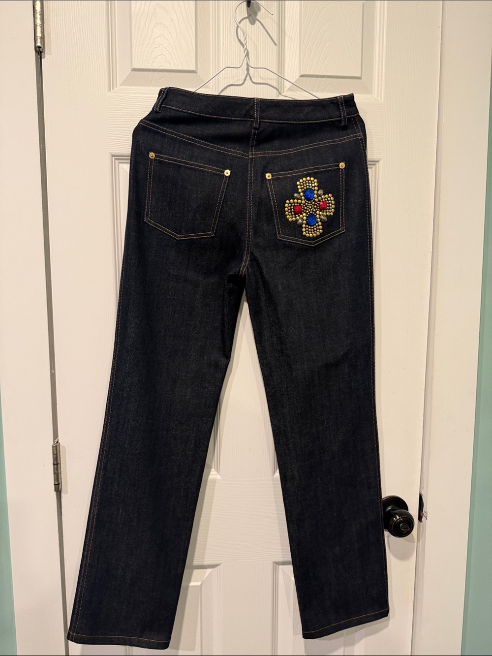 St. John Navy Blue Straight-Leg Jeans with Gold Accents